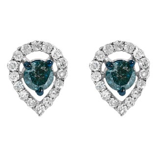 Sterling Silver 1/2 Cttw Blue and White Diamond Pear Shape Halo Stud Earrings For Sale