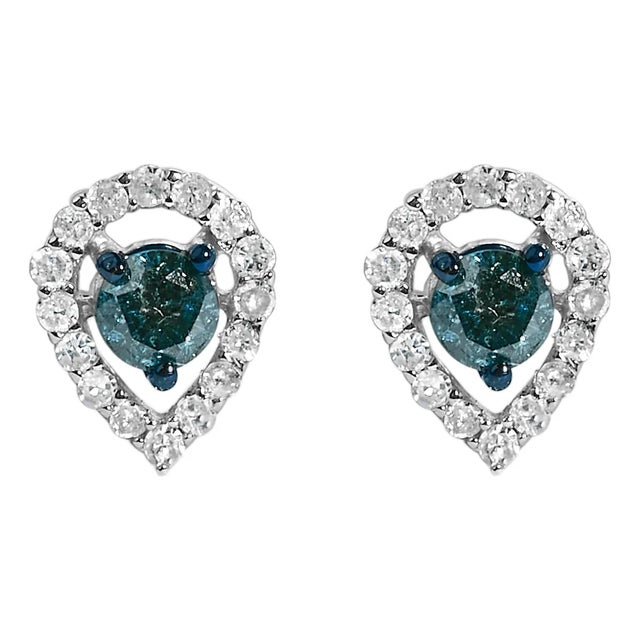 Sterling Silver 1/2 Cttw Blue and White Diamond Pear Shape Halo Stud Earrings For Sale