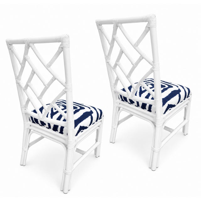 Mid-Century Modern Pair of Vintage Chippendale Bamboo Side Chairs With Navy & White Zebra Seats For Sale - Image 3 of 7