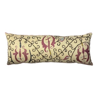Single Antique Silk Embroidery Suzani Pillow For Sale