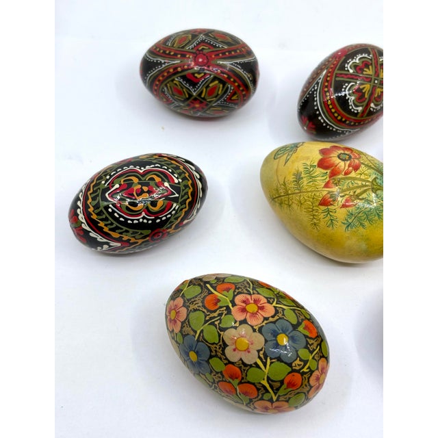 Folk Art Vintage Folk Art Hand Painted Wooden Easter Eggs- A Set of 7 For Sale - Image 3 of 7