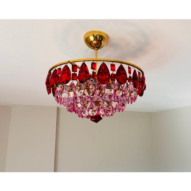 Vintage French Style Crystal Chandelier – Hand-Painted Pink & Ruby Red Prisms For Sale - Image 10 of 18