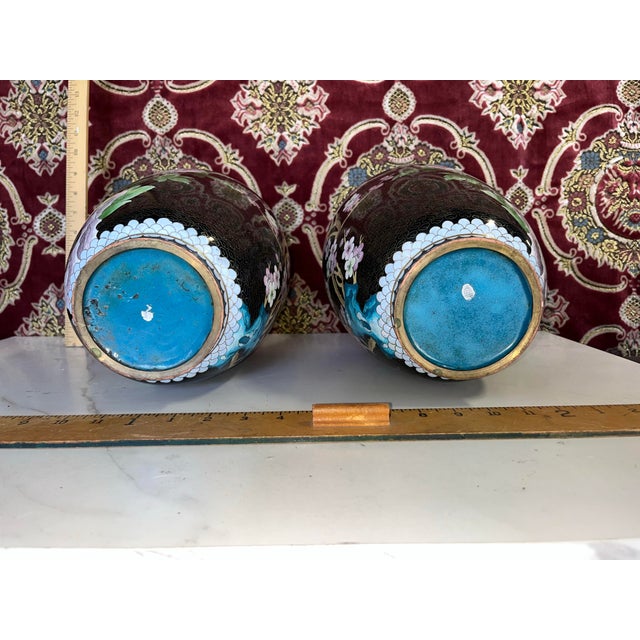 Black Pair of Vintage Chinese Cloisonne Vases For Sale - Image 8 of 12