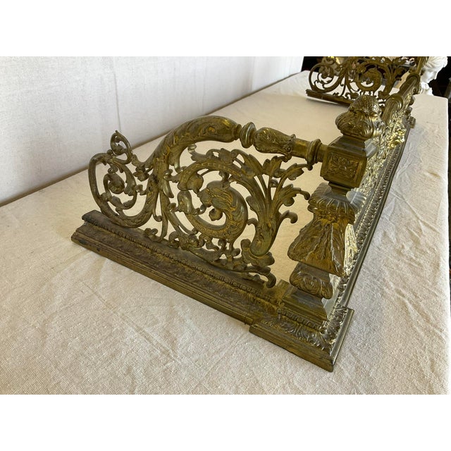 Fine Antique Lions Head Brass Fireplace Fender With Acorn Finials For Sale - Image 6 of 14