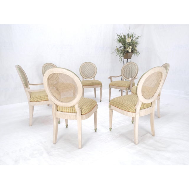 Set of 7 Swedish White Wash Paint Decorated Oval Cane Backs Dining Chairs NICE! For Sale - Image 10 of 11