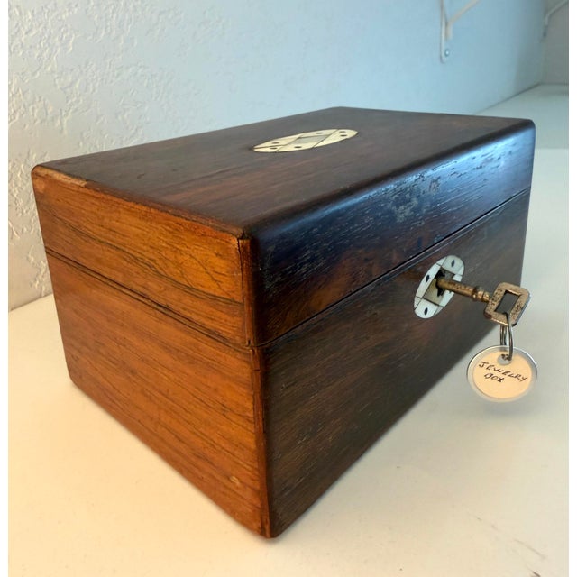 Antique Rosewood Jewelry Box With Lock and Key For Sale - Image 11 of 17