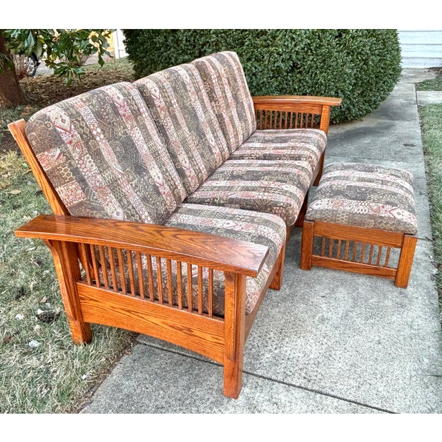 Arts & Crafts Late 20th Century Arts and Crafts Mission Style Oak Sofa With Ottoman For Sale - Image 3 of 15
