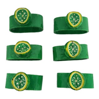 Vintage Lacquered Hand-Painted Papier Mâche Lime Napkin Rings, Set of 6 For Sale