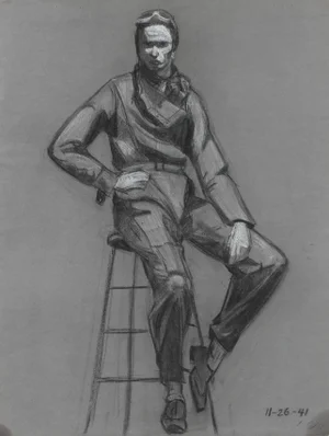 Seymour Tubis Portrait of Pilot Drawing in Charcoal, 1941