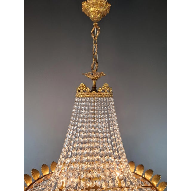 Antique Art Nouveau Low Oval Plafonnier Crystal Chandelier Brass For Sale - Image 14 of 15