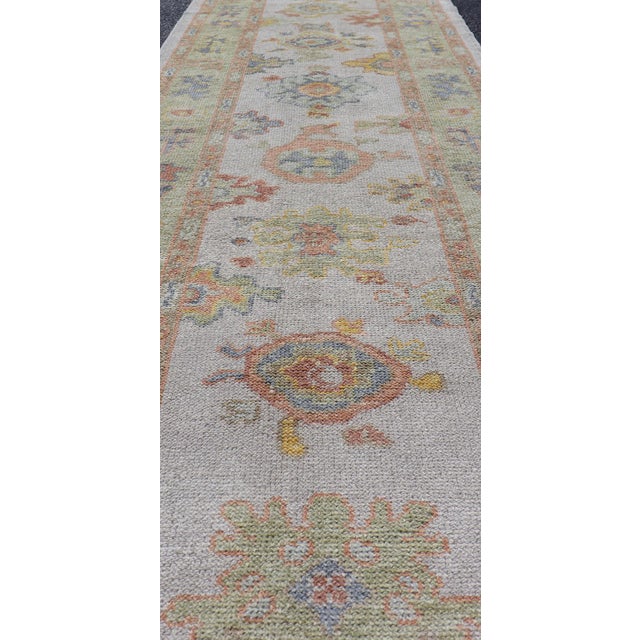 Textile Turkish Oushak Runner in Ivory With Soft Green, Gold, and Coral 2'11 X 13'3 For Sale - Image 7 of 12