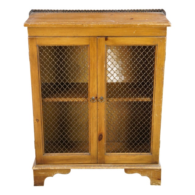 Vintage French Country Farmhouse Pine Chicken Wire Bookcase Curio Cabinet 33" For Sale