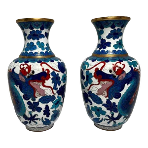 Set of Two Vintage Chinese Cloisonné Enamel Dragon Vases