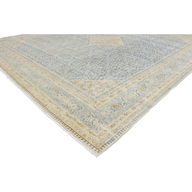 Distressed Antique Persian Tabriz Rug with Transitional Coastal Style 08'08 x 10'02. Emanating coastal vibes with light...