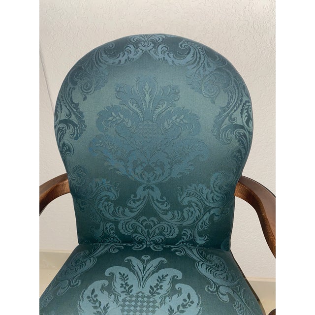 Pennsylvania House Emerald Green Damask Style Upholstry and Carved Cherry Wood Dearborn Exquisitely Unique Vintage Chair Excellent Condition For Sale - Image 10 of 11
