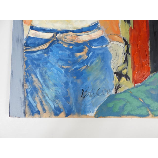 Contemporary gouache on wood panel expressionist painting of blonde woman and man with abstract background by K. C. Bacon...