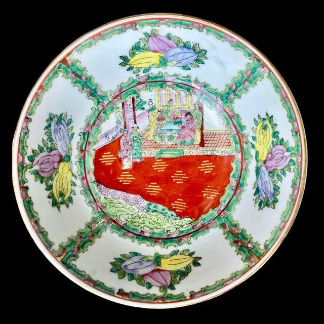 White Vintage Chinese Famille Rosé Large Hand-Painted Ceramic Punch Bowl With Gold Gilt Trim For Sale - Image 8 of 11
