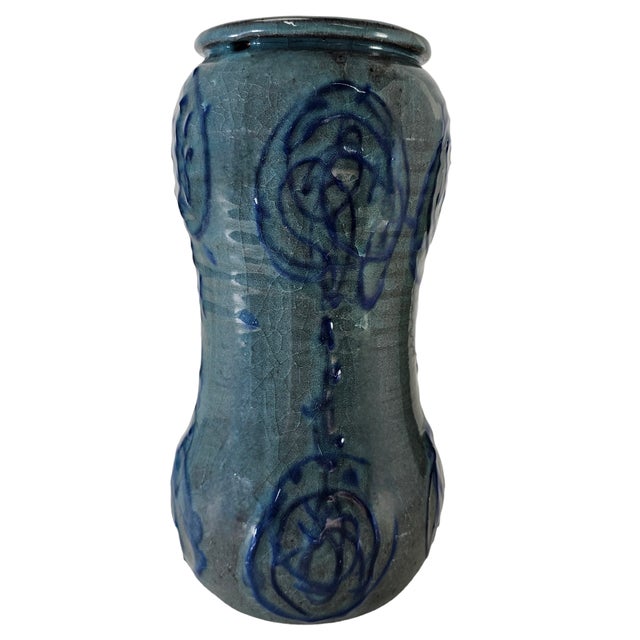 Rustic Studio Art Pottery Blue Green Vase 11" For Sale - Image 3 of 12