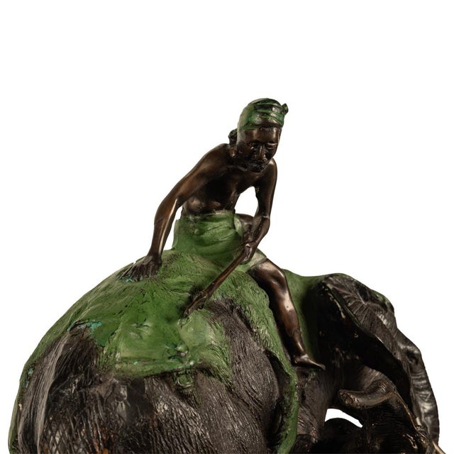 Antique Cast Bronze Elephant Hunt Scene With Lion Antonio Amorgasti Belgium 1925 For Sale - Image 11 of 15