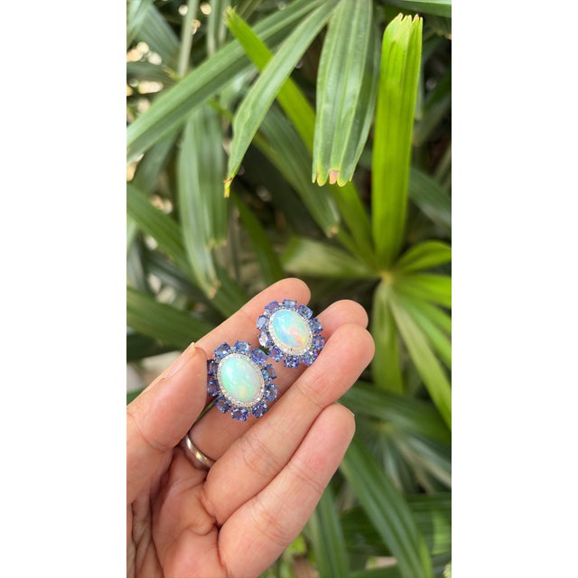 Set in 18k White Gold, Ethiopian Opal, Tanzanite & Diamonds Modern Stud Earrings, Pair For Sale - Image 6 of 11