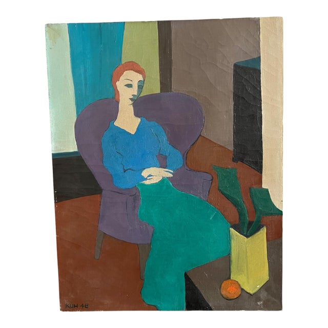 Vintage Abstract Oil on Canvas of a Seated Woman, Signed For Sale