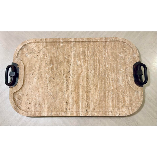 Original retail $597, stylish Revelation Modern Travertine Hippodrome Tray, bronze handles, showroom floor sample