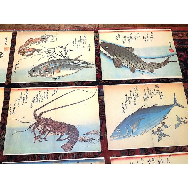 Japanese Signed/Chop Marked Vintage Imperial Folio Size Japanese Fish & Calligraphy Lithographs by Hiroshige Set of 9 For Sale - Image 3 of 7
