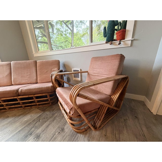Vintage Six-Strand Square Pretzel Rattan Sofa + Pair of Lounge Chairs, Style of Paul Frankl For Sale In Portland, OR - Image 6 of 14