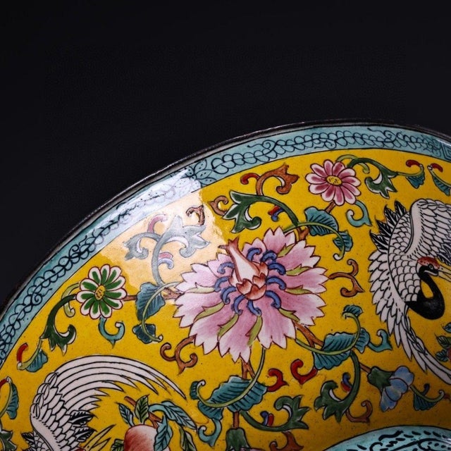 Vintage Chinese Gilt Bronze Cloisonne Bowl - Yellow Ground Crane & Peony - Qianlong Mark For Sale In Los Angeles - Image 6 of 8