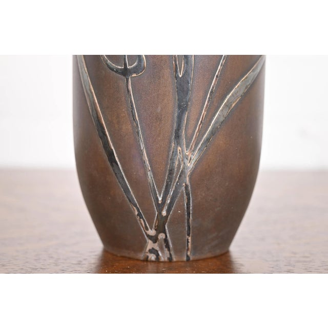 Bronze Heintz Arts & Crafts Sterling Silver on Bronze Vase With Cattail Motif For Sale - Image 8 of 12