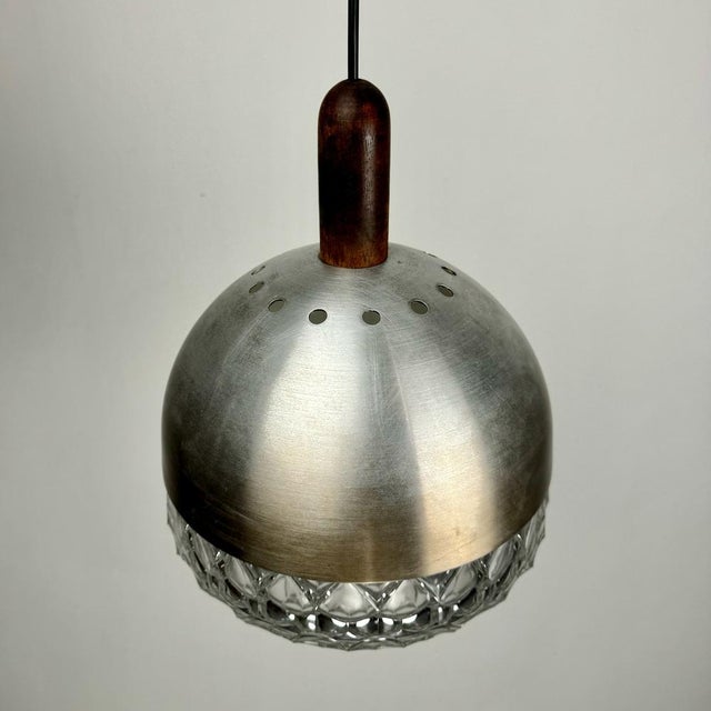 Mid-Century Modern Italian Pressed Glass Pendant Lamp in Brushed Metal and Wood from Stilux Milano, 1960s For Sale - Image 6 of 7