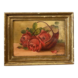 Vintage Roses Still Life Oil on Board Painting in Gilt Frame For Sale