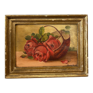 Vintage Roses Still Life Oil on Board Painting in Gilt Frame