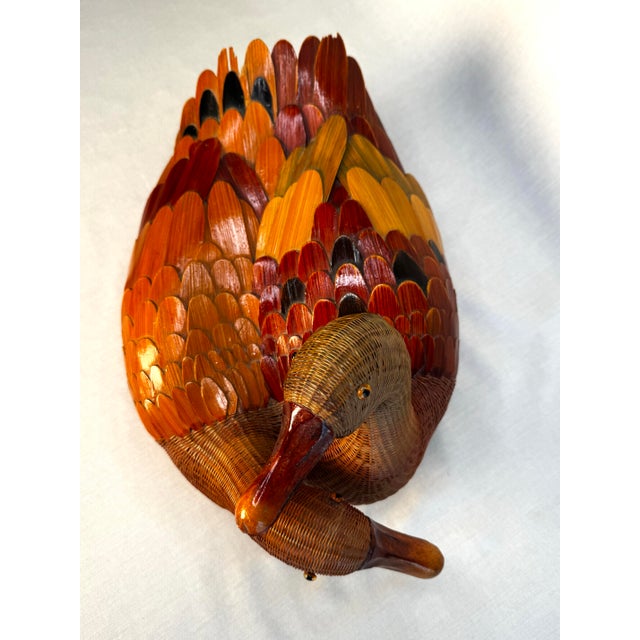 Wood Asian Folk Art Duck Wicker Lidded Basket For Sale - Image 7 of 11
