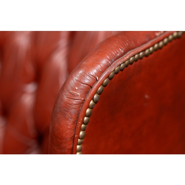 Vintage Wingback Tufted Leather Chesterfield Armchair in Burnt Red For Sale - Image 13 of 16