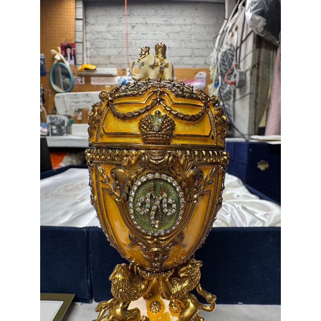 Ceramic Rare Fabergé Imperial Danish Jubilee Egg Reproduction With Original Box & Papers For Sale - Image 7 of 14