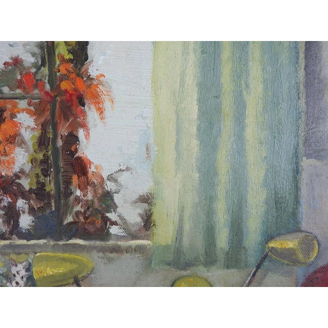 Mid 20th Century Vintage Mid Century Interior Setting and Palm Tree From Window Painting For Sale - Image 5 of 8