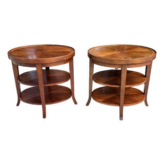 Vintage Walnut Two-Tiered End Tables, Side Tables With Starburst Veneer Top - Pair For Sale