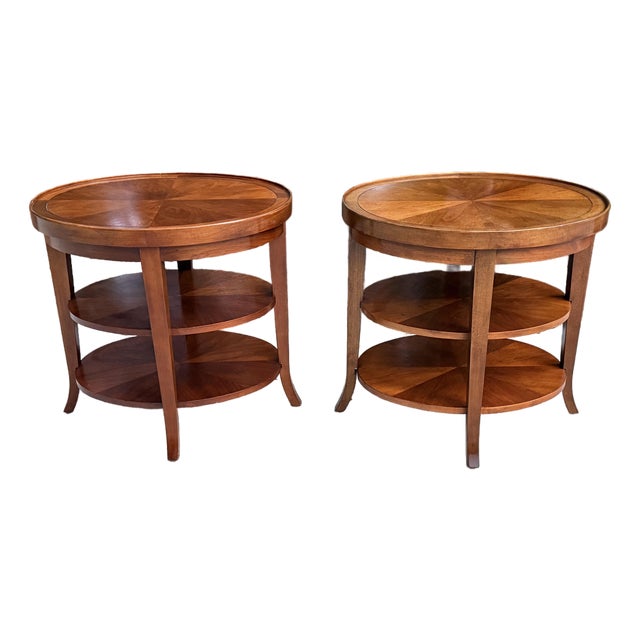 Vintage Walnut Two-Tiered End Tables, Side Tables With Starburst Veneer Top - Pair For Sale