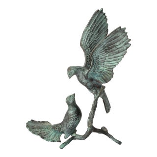 Vintage Art Deco Style Bronze Two Turtle Doves Sculpture Figurine Statue Tree Branch For Sale