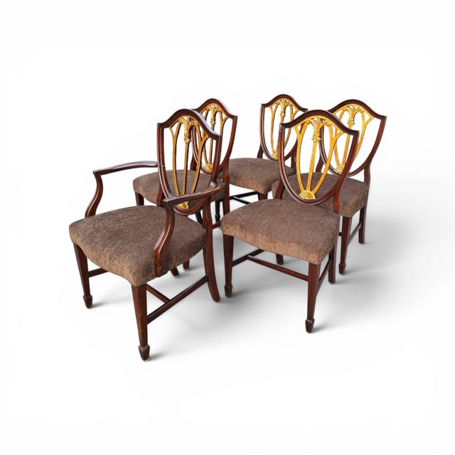 Traditional English Regency Revival Mahogany and Gilt Shield-Back Dining Chairs, Set of Five, Circa 1930 For Sale - Image 3 of 18