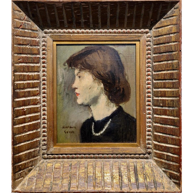 Raphael Soyer -Portrait in Profile of a Woman Wearing a Pearl Necklace-1930s Oil Painting For Sale - Image 9 of 9