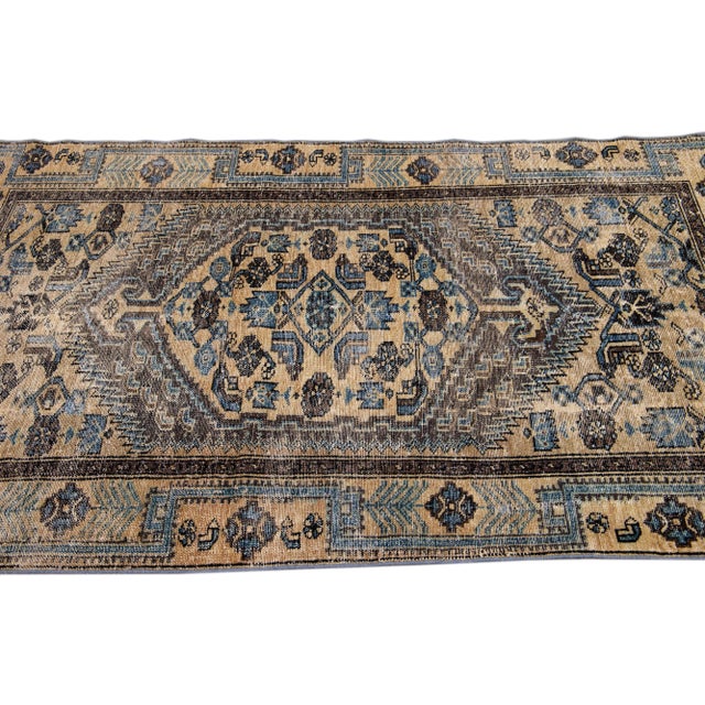 1960s 1960s Vintage Persian Distressed Handmade Geometric Tan Wool Rug For Sale - Image 5 of 7