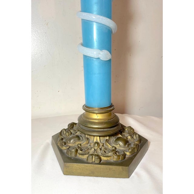 1920s Large Quality Antique Gilt Bronze Hand Blown Blue Glass Italy Murano Table Lamp For Sale In New York - Image 6 of 10