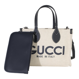 Navy Canvas Calfskin Logo Print Mini Tote