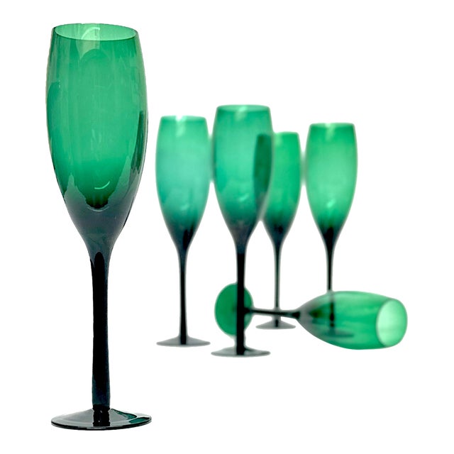 1980s Emerald Green Champagne Flutes - Set of 6 For Sale