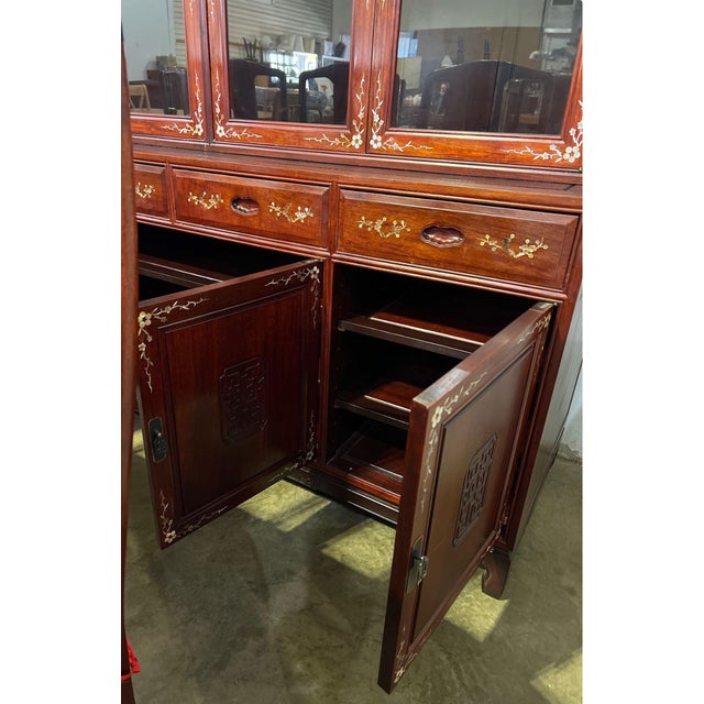 Vintage Chinese Rosewood Mother-of-Pearl Inlaid China Cabinet – 2 Pieces For Sale - Image 10 of 18