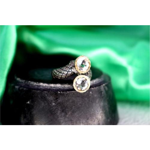 Gold and Silver Ring with Reliefs and Two Brilliant-Cut Zirconias For Sale - Image 4 of 9