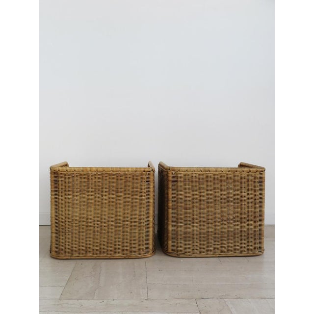 Pair of wicker and rattan bedside tables and wooden top, Italy, 1950s