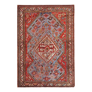 1890s Sky Medallion Tribal Antique S. Persian Ghashgaie Rug 4'2" X 6'2" Handknotted Wool Carpet For Sale